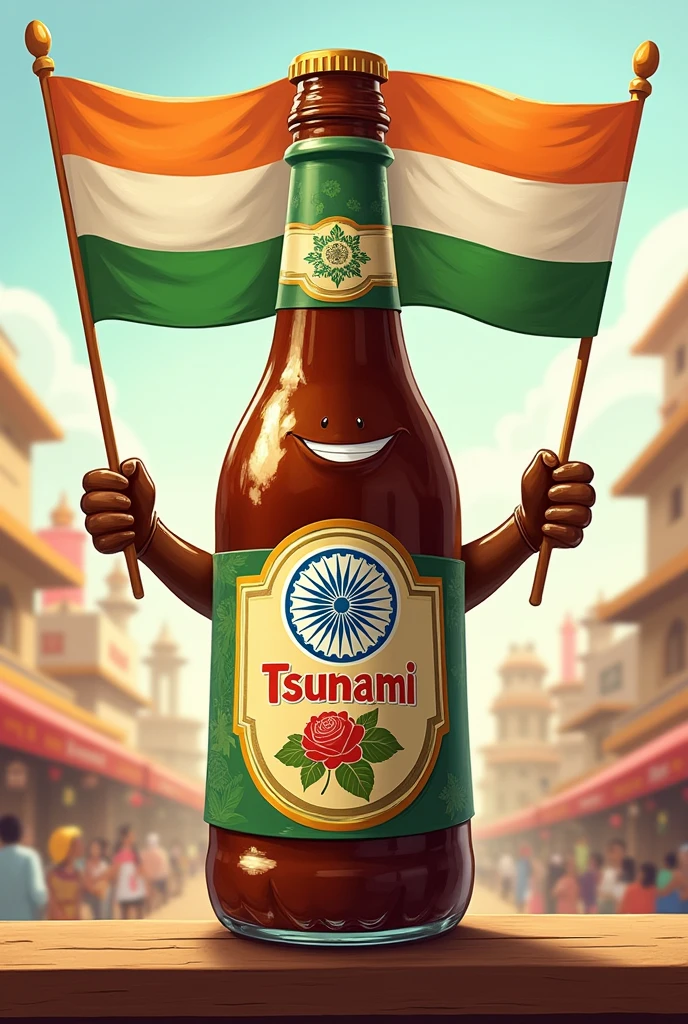 A coffee bottle name Tsunami 🌊 who take a indian flag in his hand for independence day