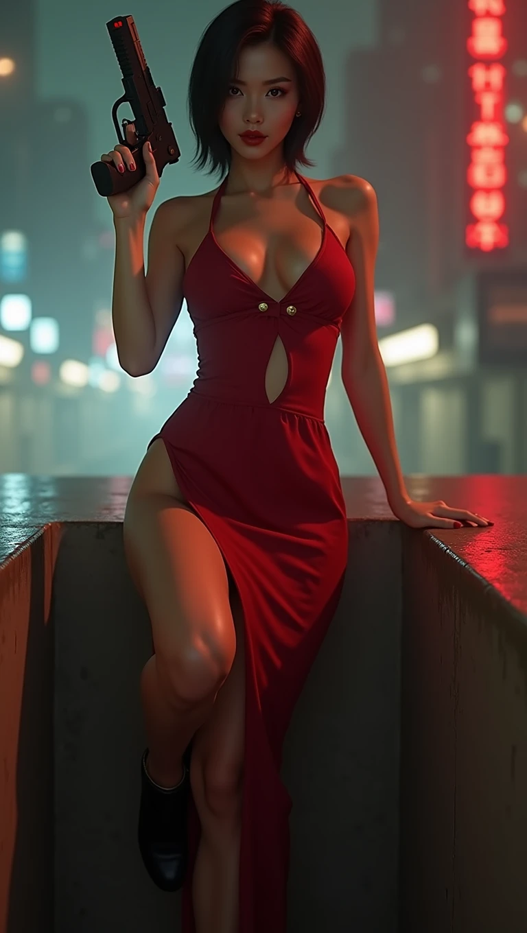 cinematic photography of skinny beautiful China sensual actress Li Bingbing cosplaying as Ada Wong of Resident Evil series. Li Bingbing is pointing a pistol on a ledge, marking herself as a high-skilled sniper. Li Bingbing realistic face. She wear a very very skimpy V-neck red dress, which reveal her enormous and voluptuous breasts. The dress also have a very high-slit which shows her crotch and her alluring vagina. Her pose while pointing a pistol is very dashing and sexy, with spreading and lifting one leg to the top of the ledge, to show her crotch and alluring vagina. Cyberpunk art by John La Gatta. Trending on cgsociety. Digital art. Sexy elegant cinematic pose. cgsociety masterpiece. Stunning cgsociety. Ultra sexy pose. cgsociety - w 1 0 2 4 - n 8 - i, red and cinematic lighting, cgsociety )