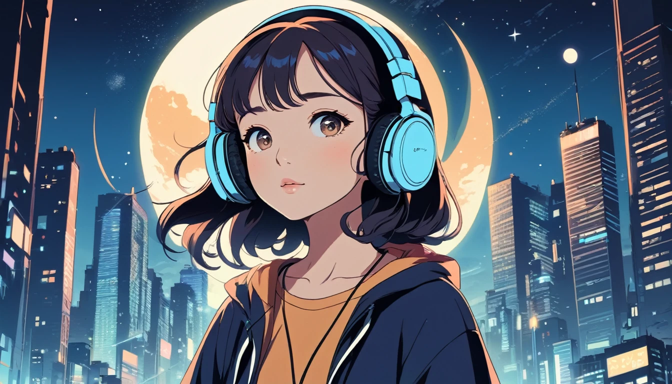 Woman wearing headphones, City of night、Wide-angle lens, Lofi Anime, Lofi illustration, Aesthetic atmosphere, Lo-Fi Style, Vector art, Flat Design, Simple shape, Warm tones, Pleasant atmosphere, Chill, In anime style, Digital drawing, Vector art, Vector logo for t-shirt printing, (Adorable:1.5), (small:1.4), (Playful:1.2), (soft:1.3), (Whimsical:1.1), masterpiece, Highest quality, 8k, Intricate details, grow, Celestial, Mysterious, Picturesque, amazing, Majestic, Magic, Fantasy art, Cover art, dream-like