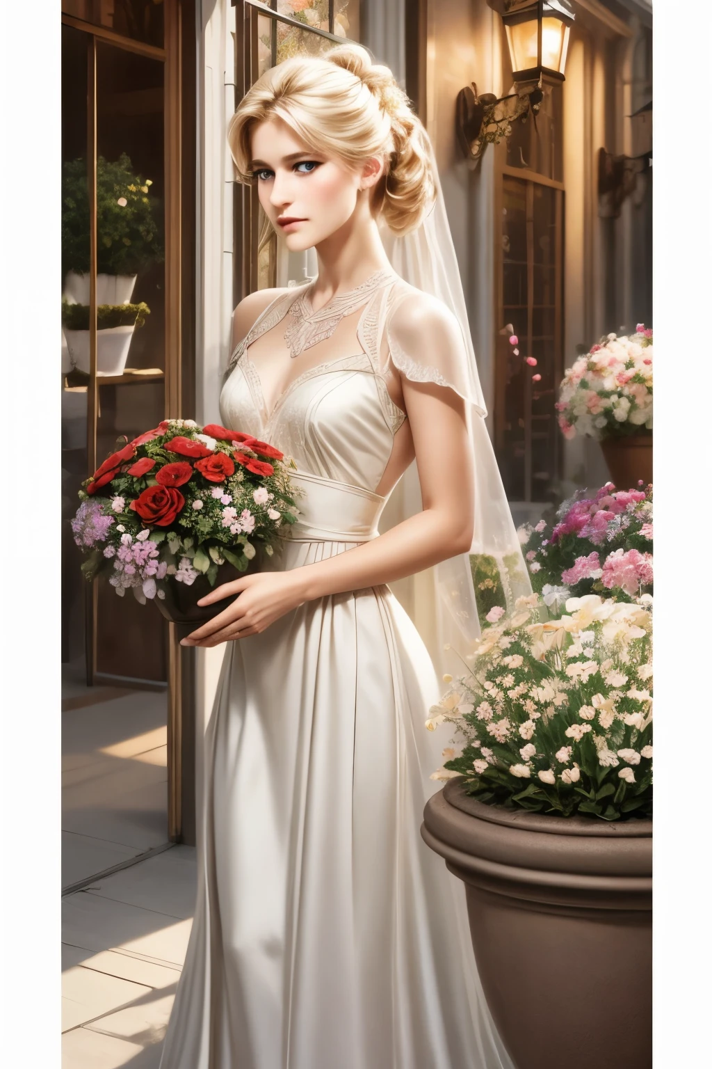 extremely delicate and beautiful, Amazing, finely detail, masterpiece, ultra-detailed, highres,best illustration, best shadow,intricate,sharp focus, high quality, 1male, solo, blond hair. red eyes, kaveh genshin impact, flowershop front, flowers in pots, flowers for sale