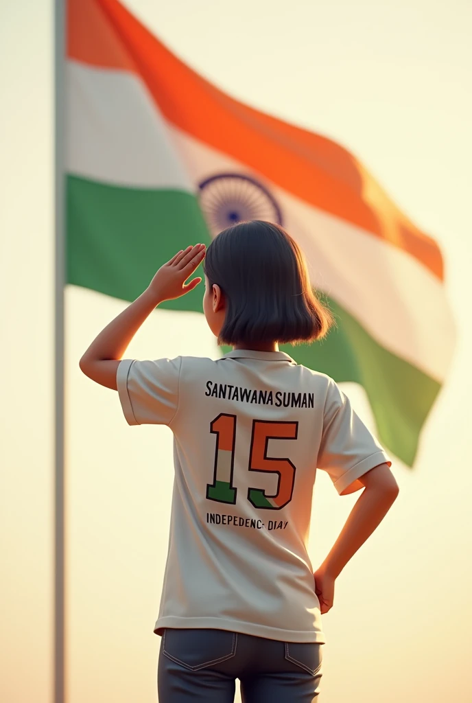 A 20 years old girl salutes the national flag of bharat and he is wearing a shirt print is like bharat flag and "santawana suman" and 15 number and independence day in small is written on it's back in big and bold fonts, 3d illustration