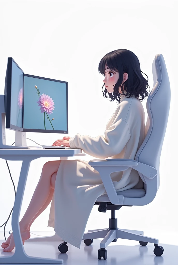 A dark brown haired anime girl with wavy hair and white skin, wearing a long white sweater, sits in a white gaming chair playing a game on a white dual-screen PC.