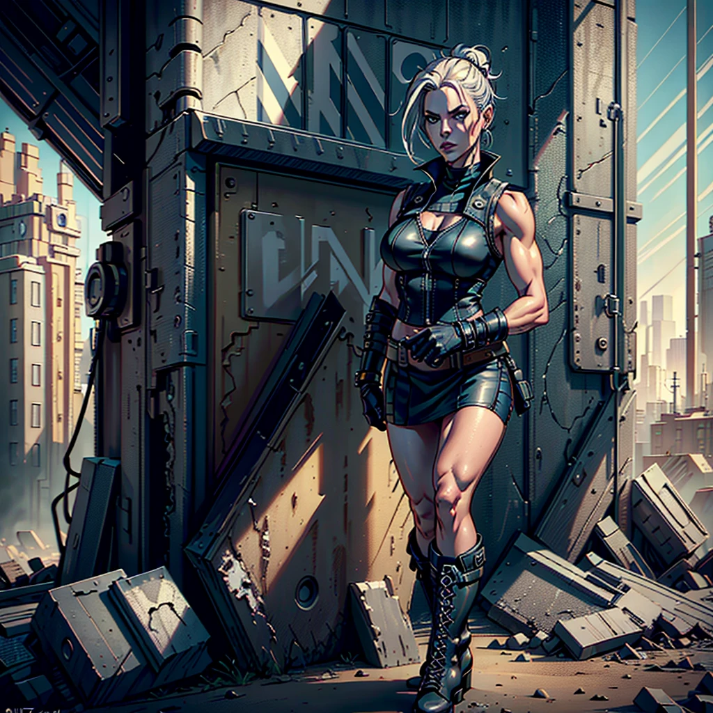 (((Full-length shot))),((full height)),((Best quality)), ((masterpiece)),(detailed),muscular build and medium breasts .., wears an open black leather vest.., black leather gloves, a short skirt and heavy boots. She has a punk rock look.Hyper-realistic close-up photo of Rose Wilson DC, blue eyes,(Photorealism: 1.4), Create dystopian masterpieces. Post-apocalyptic world. Pay attention to small details, sharp focus. The palms of the hands are clenched into fists.
