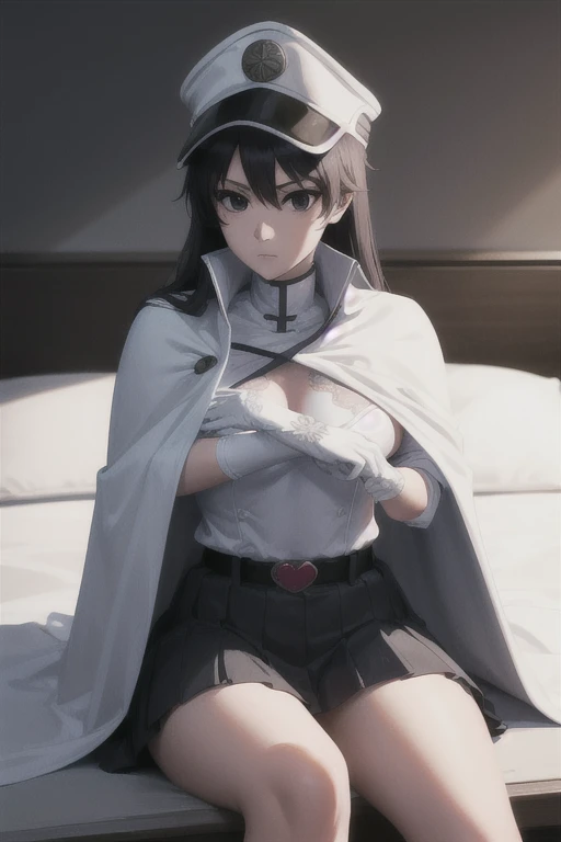 bambietta, bambietta basterbine, long hair, black hair, (black eyes:1.5), (medium breast:1.2),
BREAK skirt, gloves, boots, belt, cape, cloak, white cloak, hat, cap,
BREAK looking at viewer,
BREAK (masterpiece:1.2), best quality, high resolution, unity 8k wallpaper, (illustration:0.8), (beautiful detailed eyes:1.6), extremely detailed face, perfect lighting, extremely detailed CG, (perfect hands, perfect anatomy), bedroom, sitting