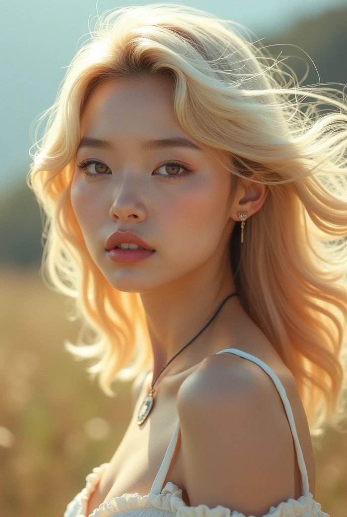Korean blonde girl from a kpop group with Hair in the wind  