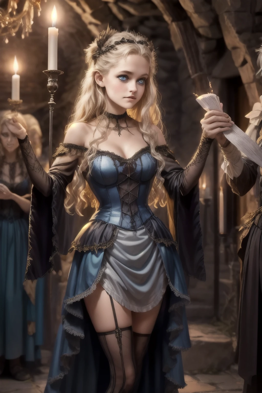 illustration of 15 years old Virginia Otis blonde hair blue eyes youngest cute face, from the Canterville Ghost, furtively observing a group of followers of the Goddess Freia who are celebrating a forbidden ritual inside a mysterious cave. We are sure that only a talented artist like you will be able to capture the essence of this magical and mysterious encounter. Your drawing will be fundamental for the creation of a unique publication, which combines the gothic atmosphere and the charm of the supernatural. Remember to add evocative details, such as candle flames dancing in the dark, shadows moving ominously along the rock walls. Highlight the aura of mystery and emotion that this forbidden encounter evokes.