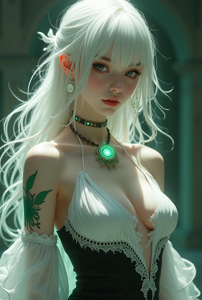 A girl with platinum blonde hair wearing a short white and black dress., with a necklace containing magical energy around her neck and a green spider lily tattoo on the back of her left hand., Jet black eyes