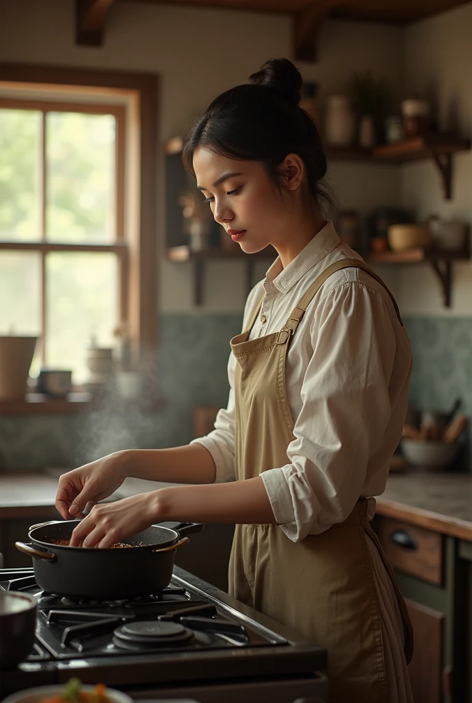 A graduated cupped 20 years old married woman cooking in kitchen like a maid