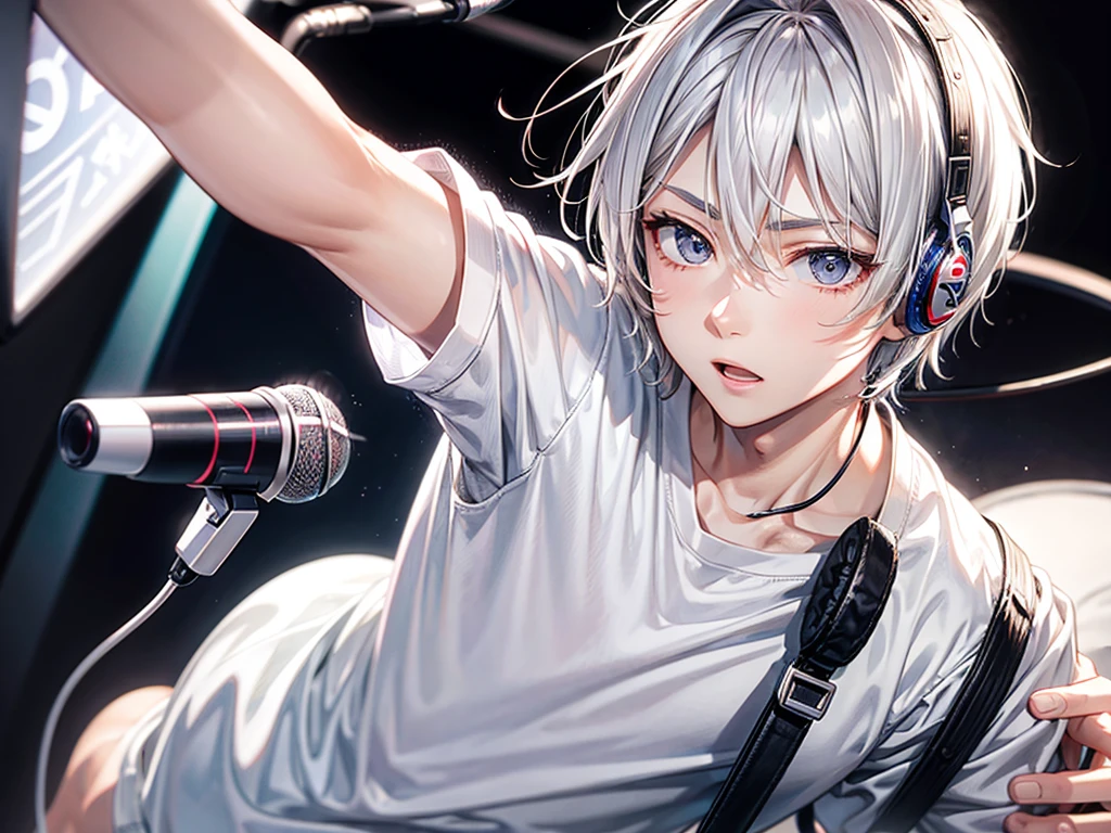 Silver Hair Short、Man with slanted eyes、sing、microphone、White Shirt、headphone