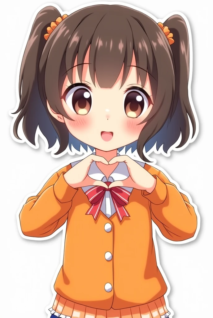 Cute anime girl sticker in an orange outfit giving a heart shooting hand gesture