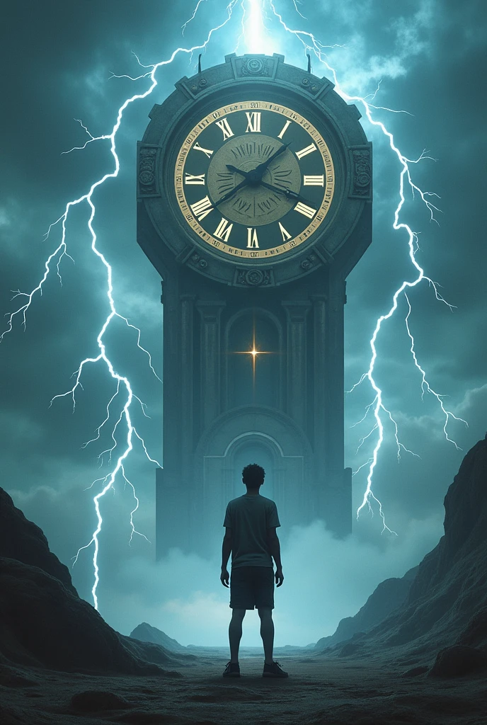 A teenager facing Chronos the god of time, with lightning background with giant clock