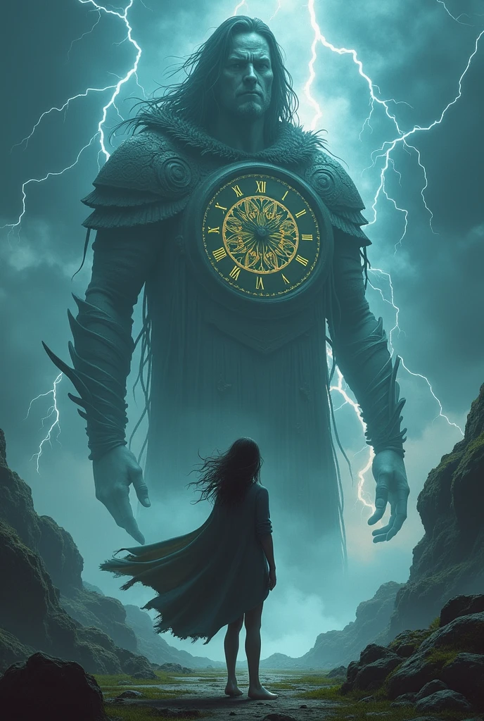 A teenager facing Chronos the god of time, with lightning background with giant clock