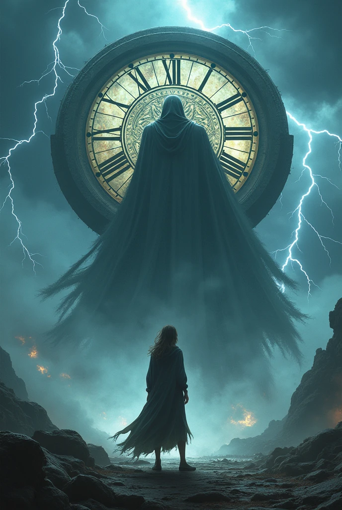 A teenager facing Chronos the god of time, with lightning background with giant clock