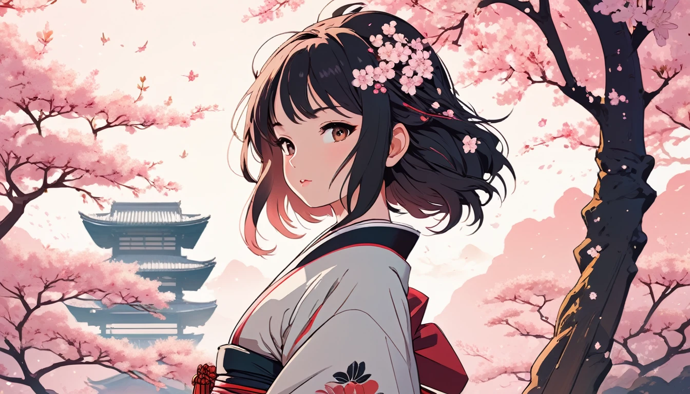 Sexy female samurai、cherry blossoms、Wide-angle lens, Lofi Anime, Lofi illustration, Aesthetic atmosphere, Lo-Fi Style, Vector art, Flat Design, Simple shape, Warm tones, Pleasant atmosphere, Chill, In anime style, Digital drawing, Vector art, Vector logo for t-shirt printing, (Adorable:1.5), (small:1.4), (Playful:1.2), (soft:1.3), (Whimsical:1.1), masterpiece, Highest quality, 8k, Intricate details, grow, Celestial, Mysterious, Picturesque, amazing, Majestic, Magic, Fantasy art, Cover art, dream-like
