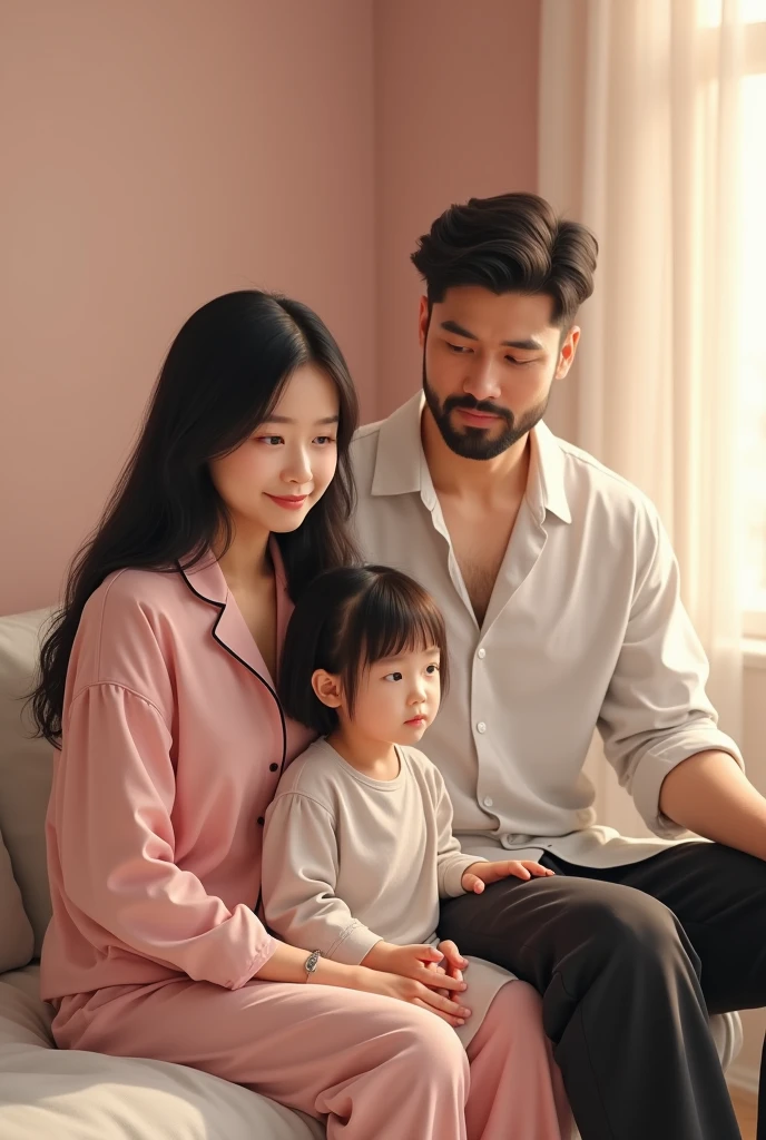 
"A Korean girl with long black hair, wearing pajamas, in a bright room with light pink walls. The scene is in ridiculously high resolution, Super sharp details, With stunning 8K picture quality. The art is a true masterpiece, Realistic image shows Korean girl with her 8 year old daughter,brownhair, medium,in bed and his father " 1 American man in Colombia, stark, BRAÇOS starkS, 90 kg ((muscular and tall)),Youngh, graduated beard, short black cut hair, face a little Wide from a white blouse and wide black cotton pants, light brown.  We are sitting down to agree 