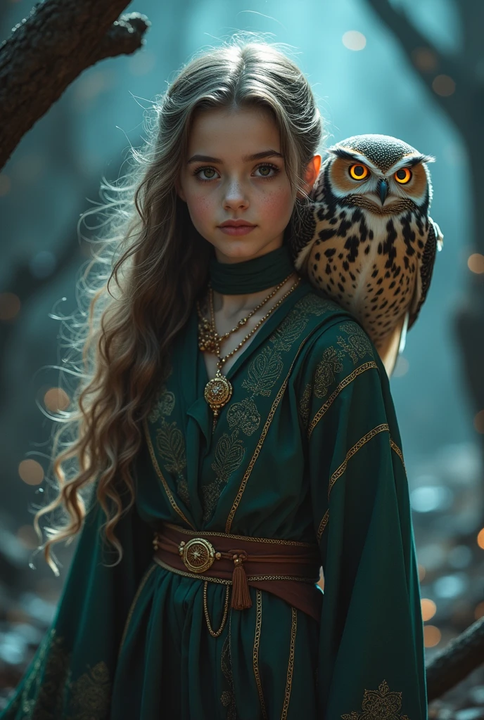 A magician girl with an owl on her shoulder
Vertical photo