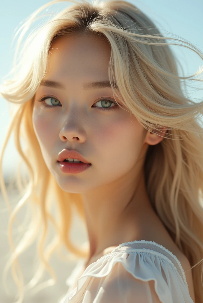 Korean blonde girl from a kpop group with Hair in the wind  