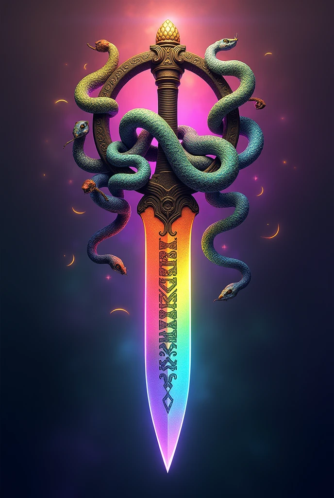 A dagger with the handle in a circle of Oxumarê full of happy snakes and an African rainbow (written on the blade "EGBÉ TAKARÀ")