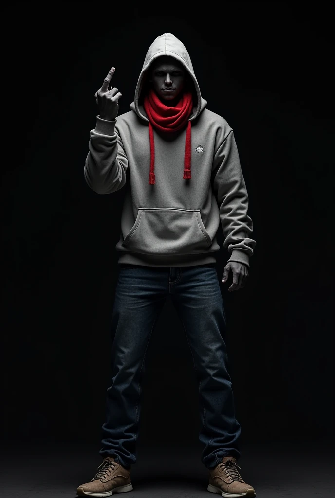 Male, holding up middle finger, hollow orange circle eyes, gray hoodie, red scarf, blue jeans, pitch black void skin color