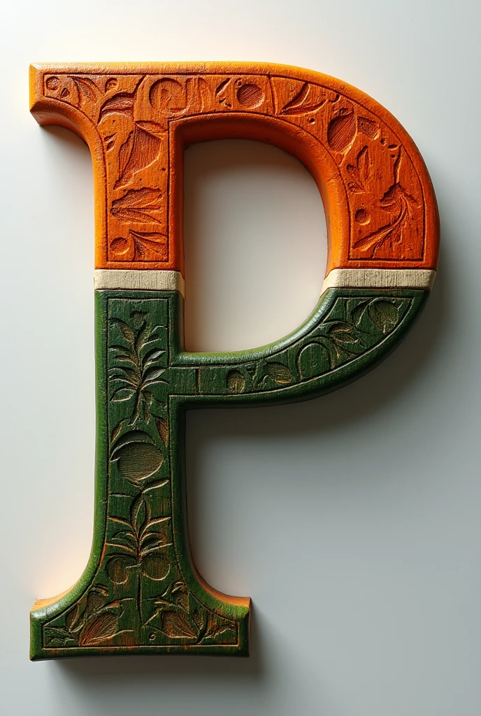 

Create a stylized letter "P" crafted from orange hardwood. The letter should feature intricate patterns inspired by the Indian flag, showcasing a detailed and advanced design. Use dark, bold font characteristics combined with vibrant, cheerful colors for the flag patterns. Ensure the overall style is sophisticated and clear, with a focus on crisp details.
