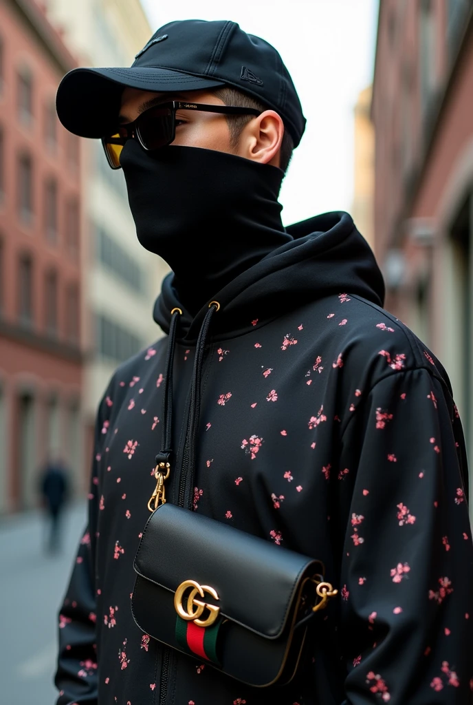 Take a profile-type photo of me,of a guy, a portrait-type photo,The ??? with a flesh-colored skin, a little tanned,with a black adidas printed jacket closed hoodie style jacket full face visor type balaclava,black cap the visor backwards bandit style and with a Gucci crossbody bag the bag strap green with red complete,and some luxury gold-rimmed black square Cartier-style sunglasses,with a street background the boy's face is square and he has a balaclava covering his entire face except for his eyes, the boy is looking to the side,his body is wider with aesthetic black glasses and a flat non-curved cap FLAT CAP,with a faded haircut