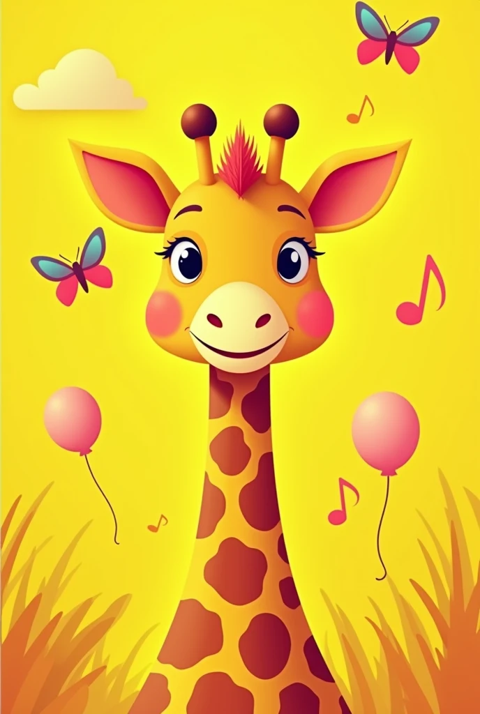A joyful and vibrant illustration of a giraffe as the main character, set against a bright yellow background. The giraffe is designed in a playful, vector-based style, reminiscent of children's book illustrations. The atmosphere is fun and lively, with the giraffe smiling and possibly interacting with colorful elements like balloons, butterflies, or musical notes. The overall color palette is bold, with yellow being the dominant color, complemented by other bright and cheerful shades that enhance the happy and whimsical mood of the scene.