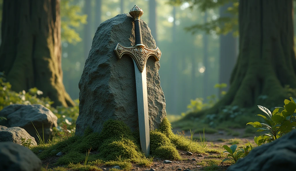 a beautiful image of the sword Excalibur stuck in the rock up to half of its blade