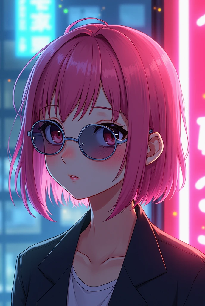 Anime pink hair man thin round sunglasses