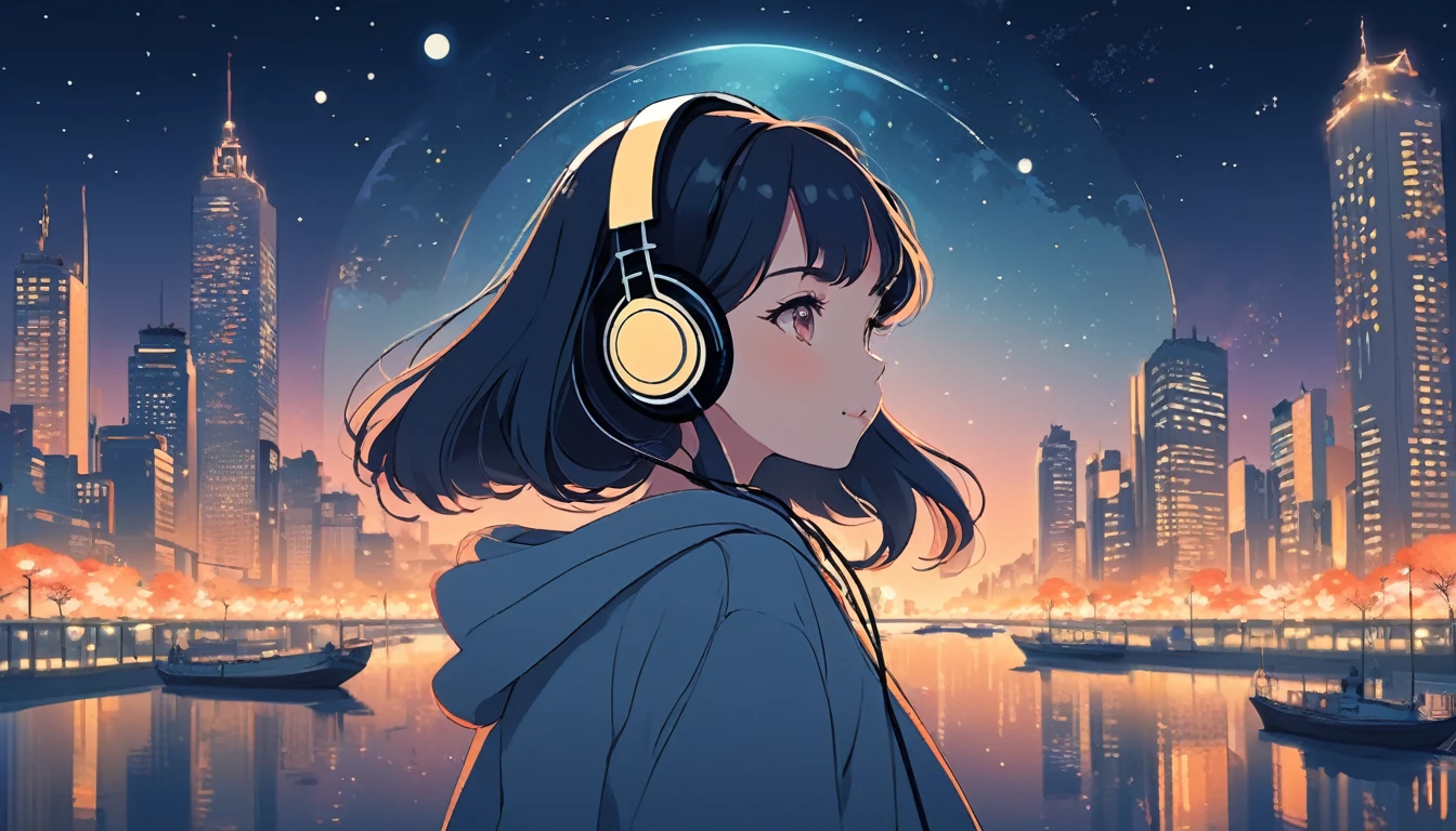 Woman wearing headphones, City of night、Wide-angle lens, Lofi Anime, Lofi illustration, Aesthetic atmosphere, Lo-Fi Style, Vector art, Flat Design, Simple shape, Warm tones, Pleasant atmosphere, Chill, In anime style, Digital drawing, Vector art, Vector logo for t-shirt printing, (Adorable:1.5), (small:1.4), (Playful:1.2), (soft:1.3), (Whimsical:1.1), masterpiece, Highest quality, 8k, Intricate details, grow, Celestial, Mysterious, Picturesque, amazing, Majestic, Magic, Fantasy art, Cover art, dream-like