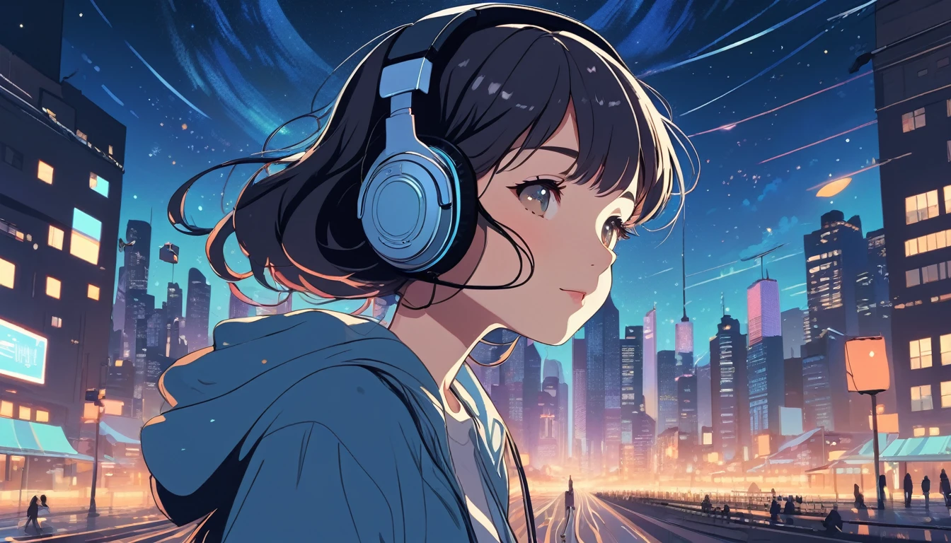 Woman wearing headphones, City of night、Wide-angle lens, Lofi Anime, Lofi illustration, Aesthetic atmosphere, Lo-Fi Style, Vector art, Flat Design, Simple shape, Warm tones, Pleasant atmosphere, Chill, In anime style, Digital drawing, Vector art, Vector logo for t-shirt printing, (Adorable:1.5), (small:1.4), (Playful:1.2), (soft:1.3), (Whimsical:1.1), masterpiece, Highest quality, 8k, Intricate details, grow, Celestial, Mysterious, Picturesque, amazing, Majestic, Magic, Fantasy art, Cover art, dream-like