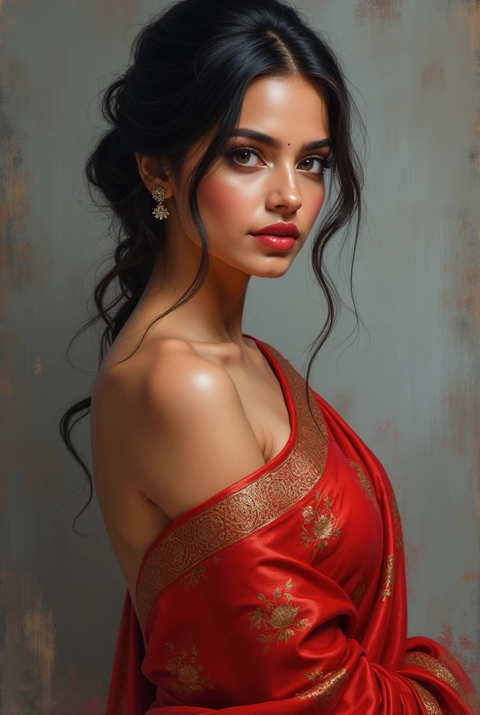 perfect pink eyes, fantastic face, Indian, beautiful look, ((red lips, bright eyes, curve heir 1.5)), ((beautiful details very big breast )), (Straight round and ultra huge clevage, not sagging breast), A glorious gorgeous, glorious gorgeous face, pretty face, bright eyes, detailed elegant printed red saree, updo elegant hair, blurred gray tones background, ultra focus, face ilumined, face detailed, 8k resolution, painted, dry brush, brush strokes, razumov style and garmash style, by Tokaito, ((Full Open )), full body, sexy open thin belly, upper body part totally naked