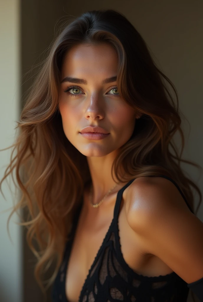 une femme de 20 ans, brune, au yeux clair, dans une tenue sexy