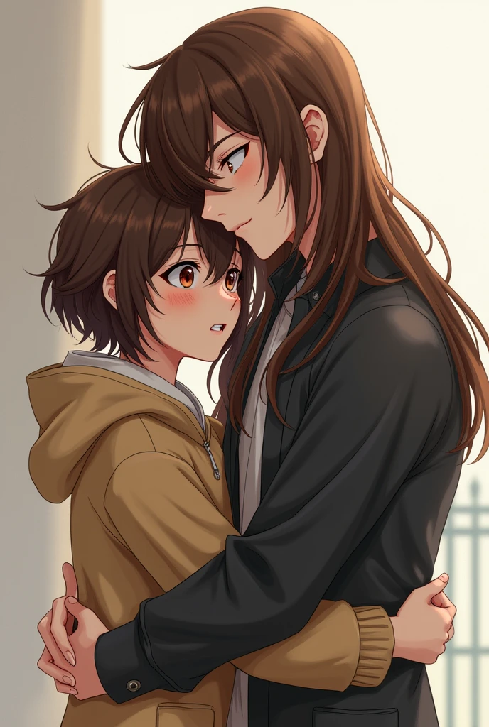 make a realistic fanart of a girl with short brown hair that isn’t longer than her neck, hugging a boy with long brown straight hair. the girl has a rebellious vibe going on there and the boy is very sweet.