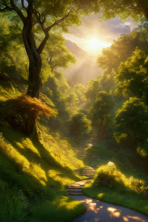A spiritual journey through a lush, abundant landscape, 1 woman walking with flowing robes, detailed portrait, detailed face, detailed eyes, detailed lips, serene expression, natural lighting, vibrant colors, intricate details, magical realism, (best quality,4k,8k,highres,masterpiece:1.2),ultra-detailed,(realistic,photorealistic,photo-realistic:1.37),cinematic lighting,dramatic shadows,glowing aura,ethereal atmosphere,mystical,spiritual,harmonious,tranquil,pastoral,idyllic,natural,lush foliage,rolling hills,winding path,glowing golden light,shimmering leaves,warm tones,rich textures