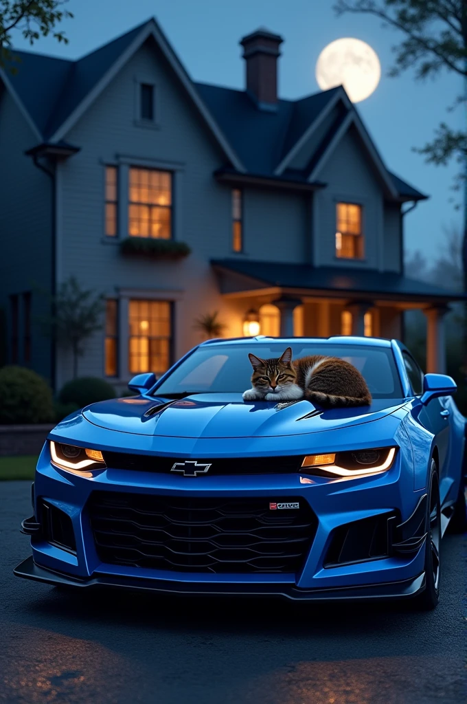 generate a blue Chevrolet Camaro sports car that on its front hood is a sleeping furry cat parked in a black and white two-story house that is tonight