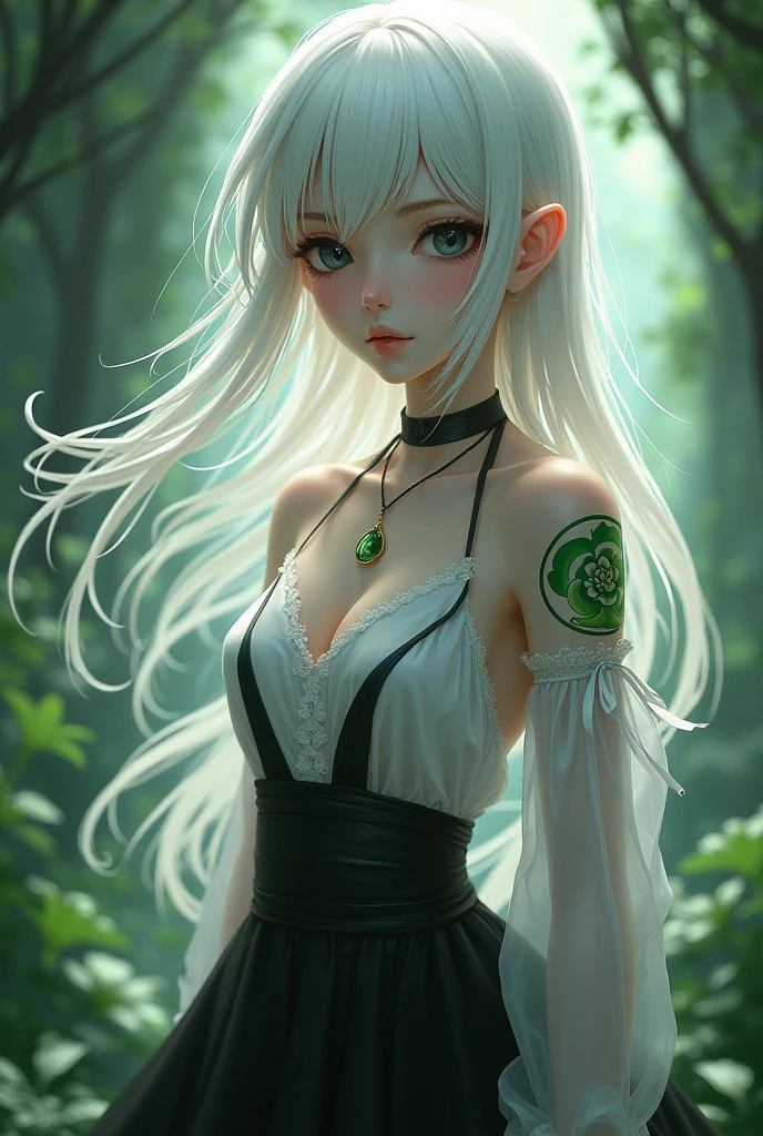 A girl with platinum blonde hair wearing a short white and black dress.,White skin, with a necklace containing magical energy around her neck and a green spider lily tattoo on the back of her left hand., Jet black eyes