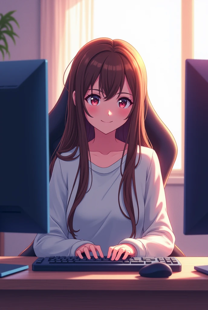A brown-haired, white-skinned anime girl with long hair wearing a white sweater, sitting on a gaming chair, playing a game on a white dual-screen PC.