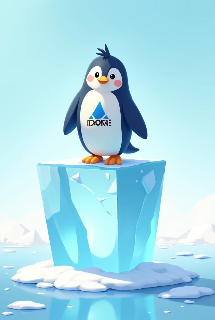 mascot in drawing a penguin on top of the ice cube 
