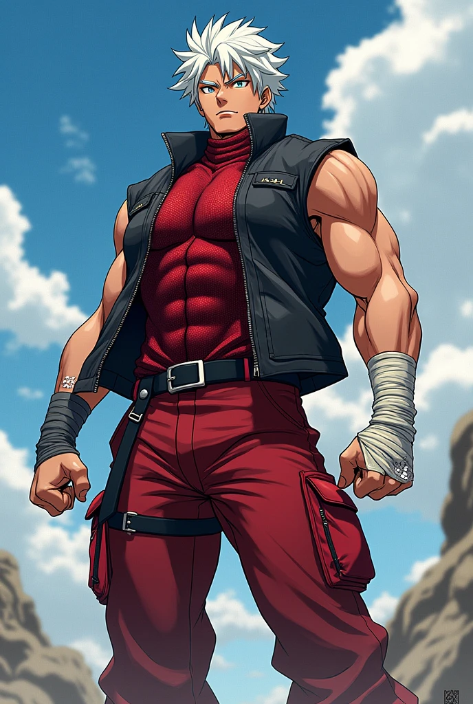 A dynamic illustration of Munashi Kurotani, a young but physically imposing 15-year-old character who stands 203 cm tall and has a muscular build. He has pure white hair and eyes. Munashi is dressed in a tight-fitting dark red shirt made of special mesh fabric with a high collar and no sleeves, paired with slightly loose red combat pants. He wears dark-colored ninja sandals. Over the shirt, he wears a sturdy, zipped combat jacket. His right arm features bandaged hands, while both legs have hip pouches with additional bandages wrapped around them. Capture him in a reflective or intense training pose, emphasizing his immense physical strength. The overall mood should convey his formidable presence, anime ART, webtoon ART, manga art