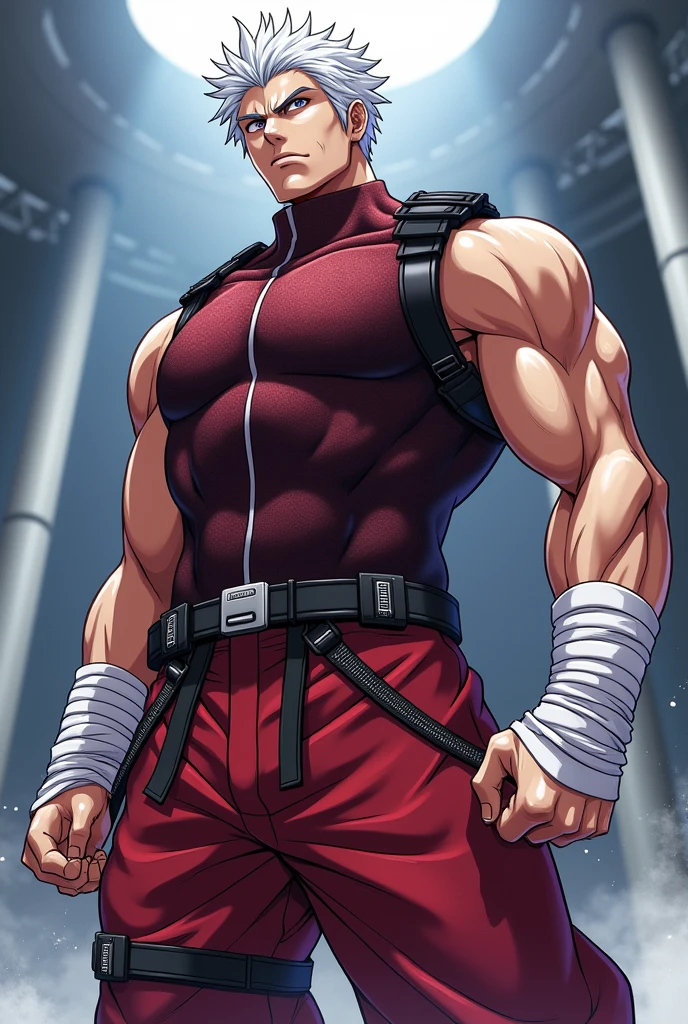 A dynamic illustration of Munashi Kurotani, a young but physically imposing 15-year-old character who stands 203 cm tall and has a muscular build. He has pure white hair and eyes. Munashi is dressed in a tight-fitting dark red shirt made of special mesh fabric with a high collar and no sleeves, paired with slightly loose red combat pants. He wears dark-colored ninja sandals. Over the shirt, he wears a sturdy, zipped combat jacket. His right arm features bandaged hands, while both legs have hip pouches with additional bandages wrapped around them. Capture him in a reflective or intense training pose, emphasizing his immense physical strength. The overall mood should convey his formidable presence, anime ART, webtoon ART, manga art