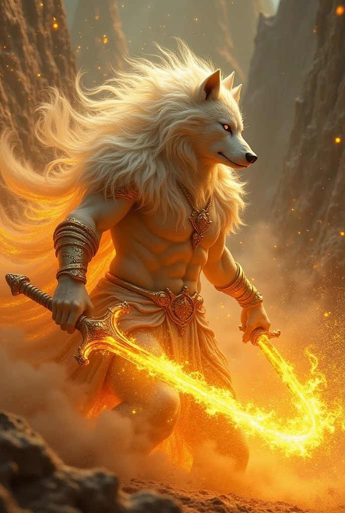 Living dust sand which have no mind and soul but only have chaptic essence used as power source inside golden eyed white hair werewolf swordsman to be burn under the spell to increase flame manipulation power