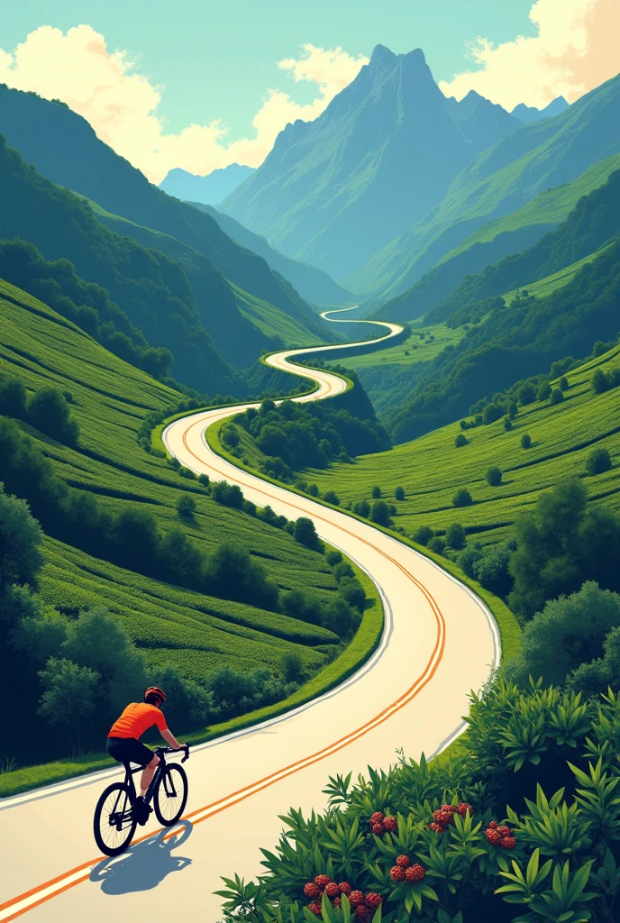 design for a t-shirt where you can see a cyclist going up a mountain full of curves similar to the Alpe d'Huez, with coffee plantations on the sides