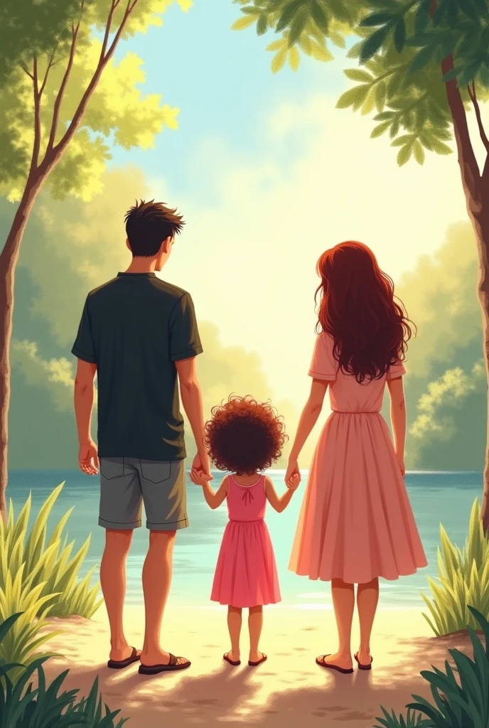 A man with short hair, wearing shorts, flip-flops, and a black short-sleeved shirt, holding hands with a girl around 3 years old with curly hair and a pink dress, holding hands with a woman with dark red curly hair, all with their backs turned.