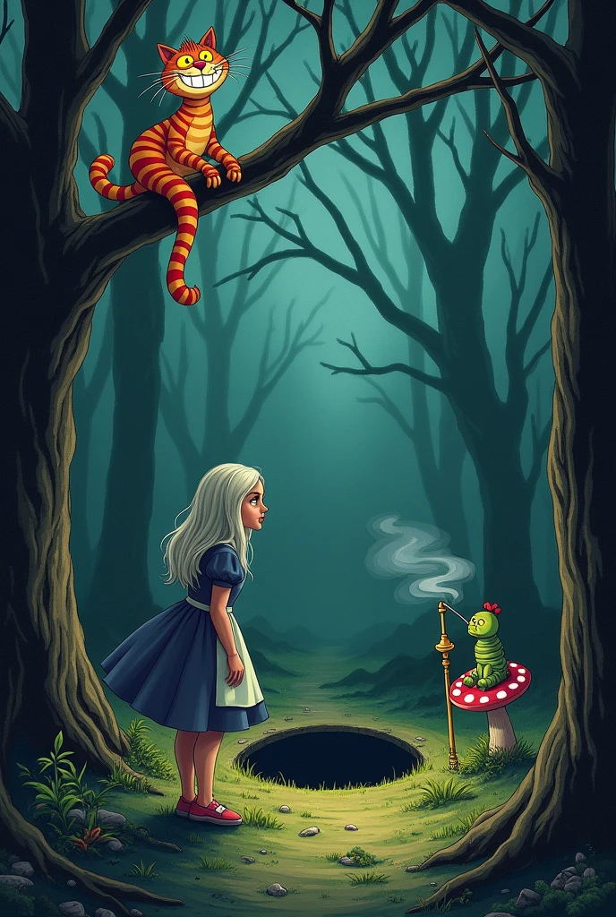 Alice and the Rabbit Hole: Picture an older Alice, standing before a swirling rabbit hole in a dark, mysterious forest.
Asylum Caterpillar: In the bottom right corner, have the Caterpillar sitting on a mushroom, smoking from a hookah, with the smoke forming the shape of marijuana leaves.
Cheshire Cat: The Cheshire Cat should be sitting on a tree branch in the top left corner, looking down at Alice with a grin.
Quote: Include the quote "Sometimes we ought to go mad, so we can heal buried wounds." near the Cheshire Cat.
Title: The title, "Journey Down The Rabbit Hole: A Cannabis Integrative Guided Journal Taking Your Trip To The Next Level," should be big and bold, using a whimsical, slightly psychedelic font.