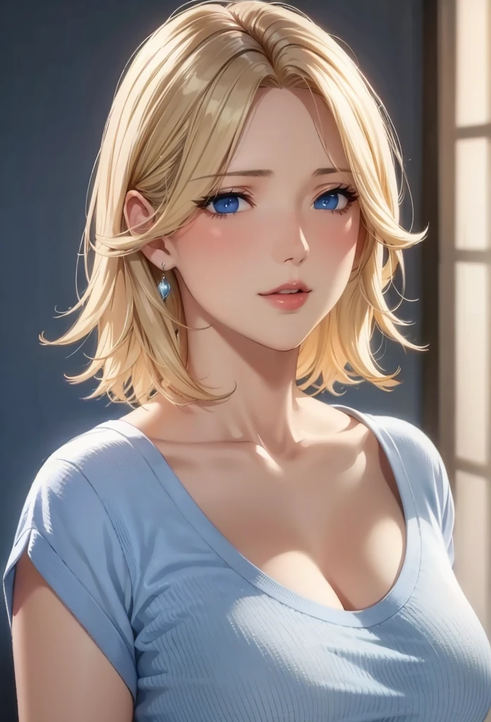 Elegant adult female, milf, blonde hair, blue eyes, soft light, high quality, 4k resolution, beautiful cg