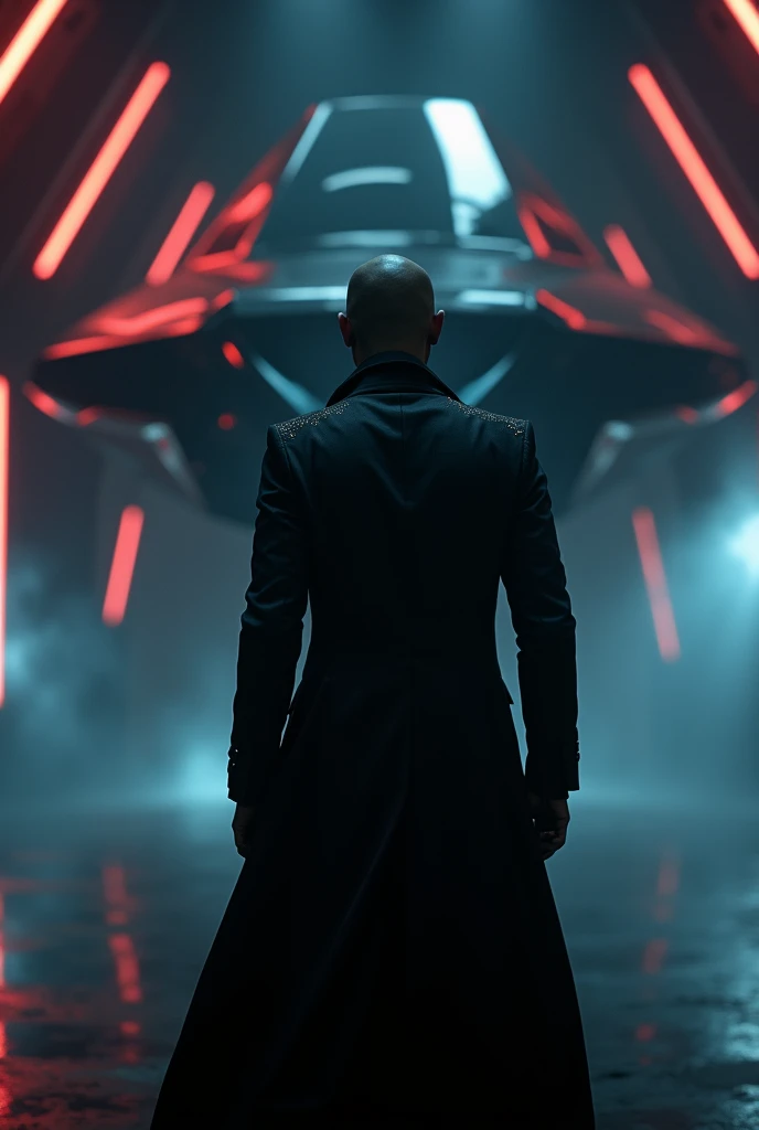 Make an image of Mr. Destiny with his back to a Vetol ship at night in a dark room with LEDs and neon in the corners, close-up photo