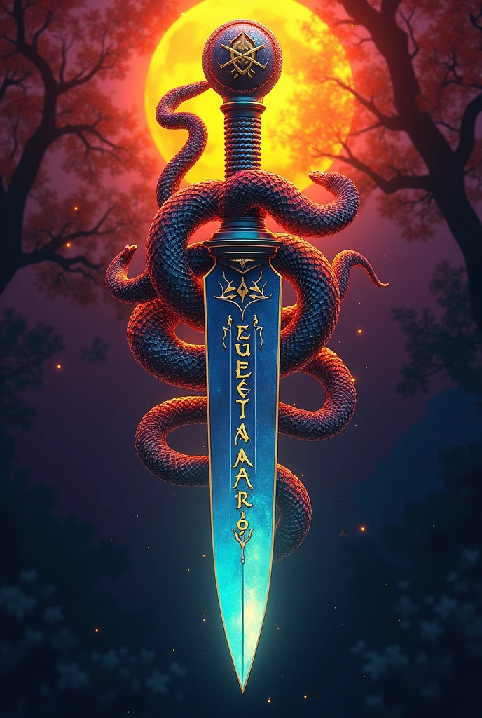 a dagger with a circular handle of Oxumarê full of happy snakes and an African rainbow (written on the blade "EGBÉ TAKARÀ")