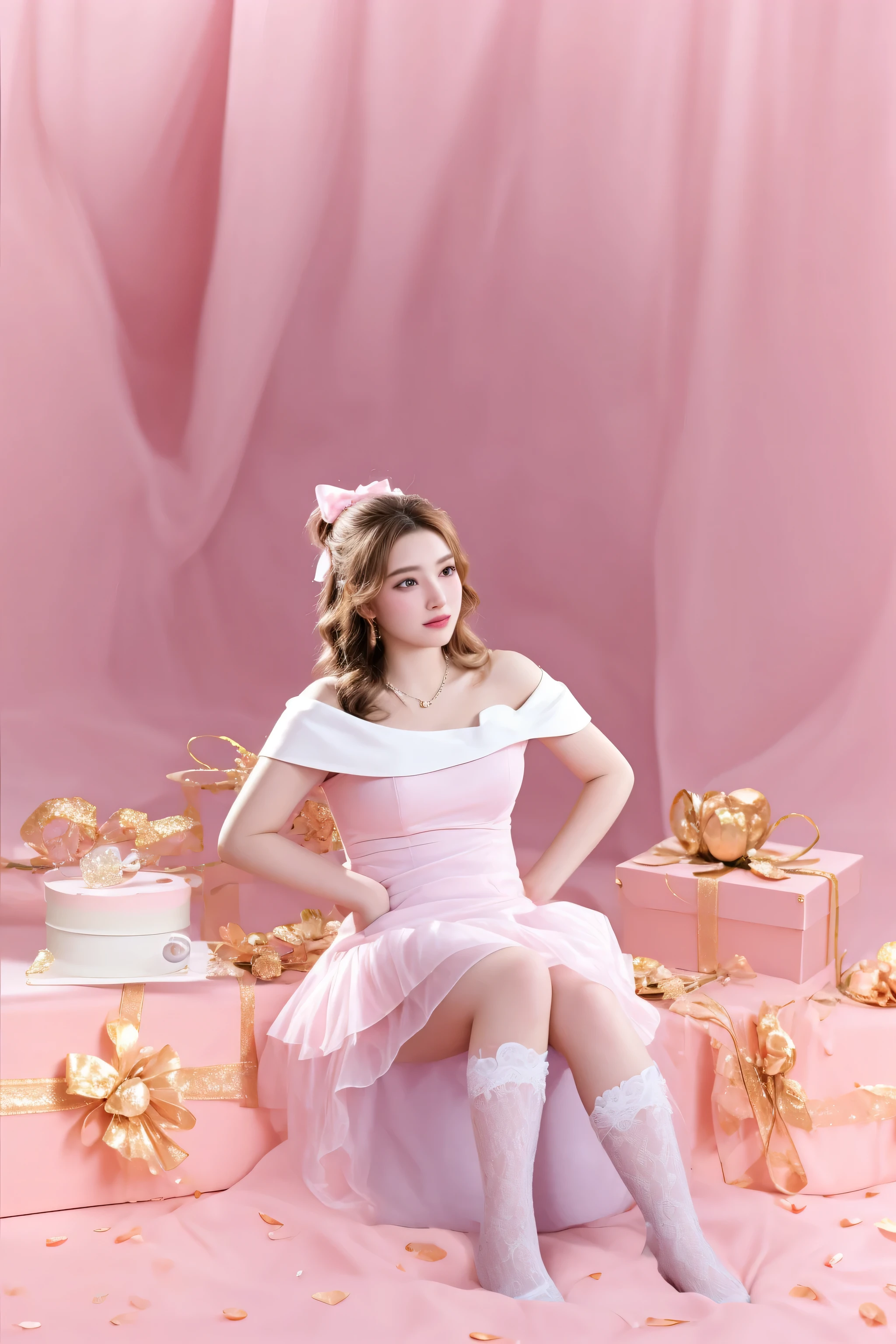 araffe woman in a pink dress sitting on a pink surface, presents, photo taken with nikon d 7 5 0, photo taken with nikon d750, belle delphine, aerith gainsborough, beautiful aerith gainsborough, dressed in a pink dress, wearing a pink dress, promo image, modeling photography, glamorous aerith portrait