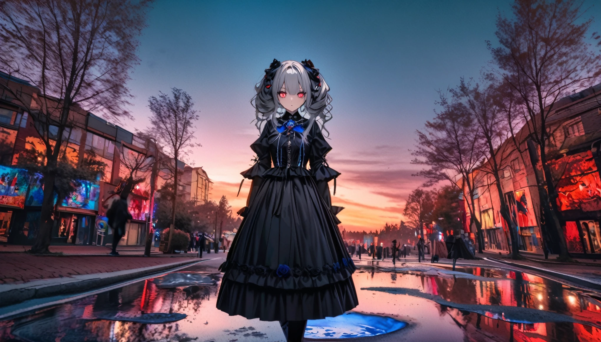 Street trees at dusk, tense lens, the main body of the photo is a background with a puddle, bright and fresh photo, beautiful abstract street trees and a teenage girl character in it. Gray hair color, red glowing eyes, long hairstyle, mole under the left eye, blue rose brooch, gothic lolita fashion, surreal background, enchanting style,
