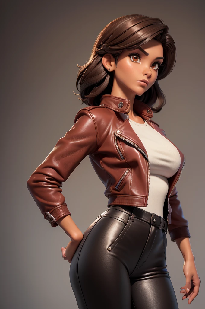 obra prima, melhor qualidade, ((only one woman,)) ((kristi noem, dark tan skin, dark brown bob hair)) looking over shoulder at me, ((wearing black leather biker moto jacket, jacket has padded shoulders, jacket has stiff high collar,)) (((wearing red leather pants,))) body is very skinny, arched back, ((extreme closeup view, rear view of high upper body,)) shallow depth of field, highres, HD, 8k, anatomically correct